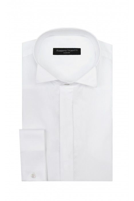 Camisa novio blanca en algodón y elastano con cuello pajarito