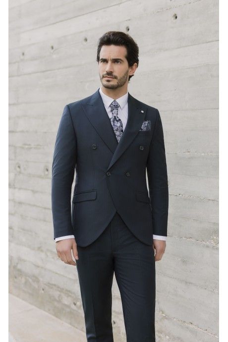 Blue Wool Groom Suit with Stripe ? Vitale Barberis Canonico Fabric 14.26.300