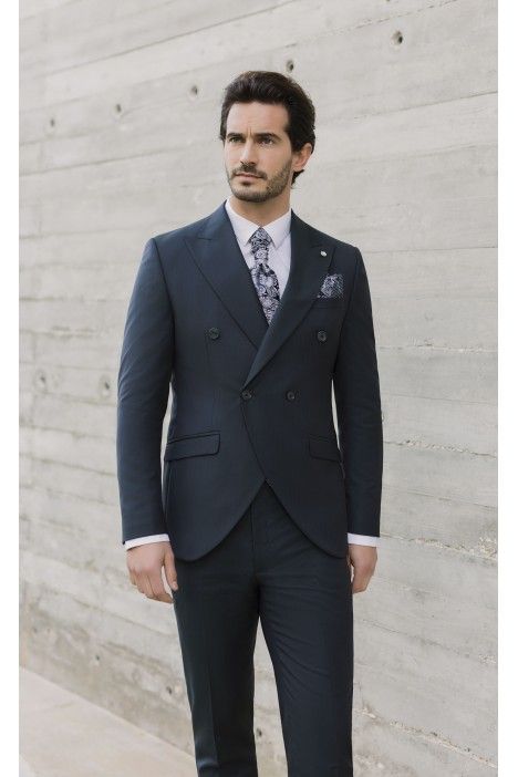 Blue Wool Groom Suit with Stripe ? Vitale Barberis Canonico Fabric 14.26.300