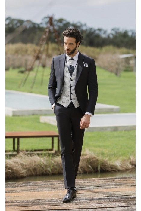 Dark Blue Wool Groom Suit with Micro Pattern ? Guabello Fabric 19.26.303