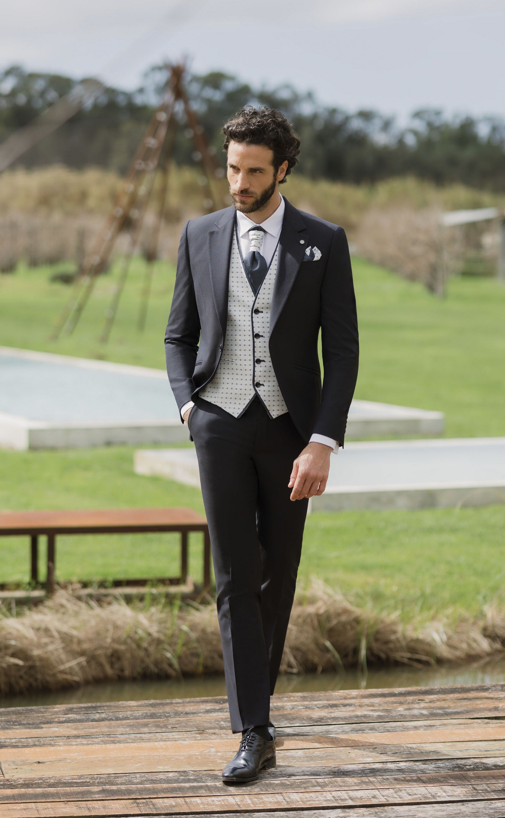 Dark Blue Wool Groom Suit with Micro Pattern ? Guabello Fabric 19.26.303