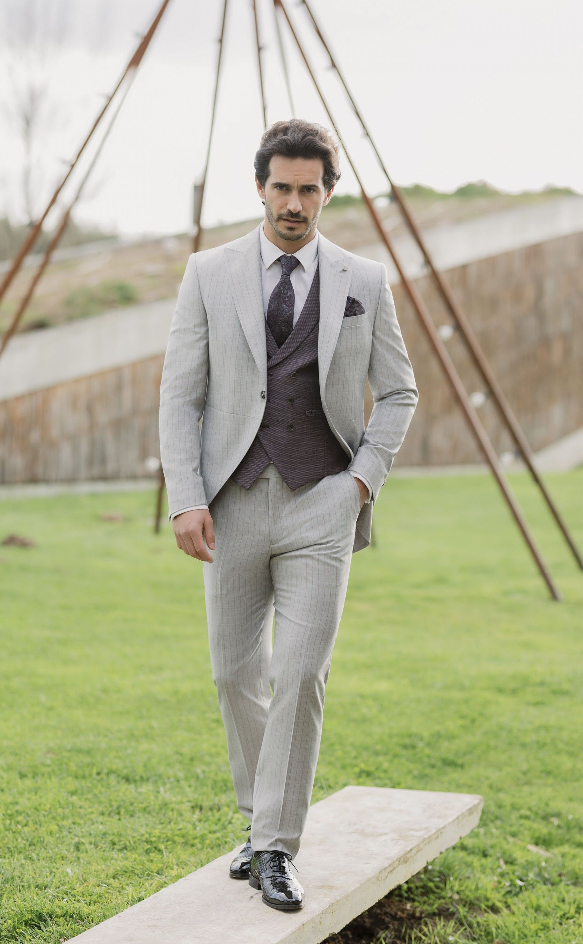 Grey Wool Groom Suit with Stripe ? Reda Fabric 30.26.090
