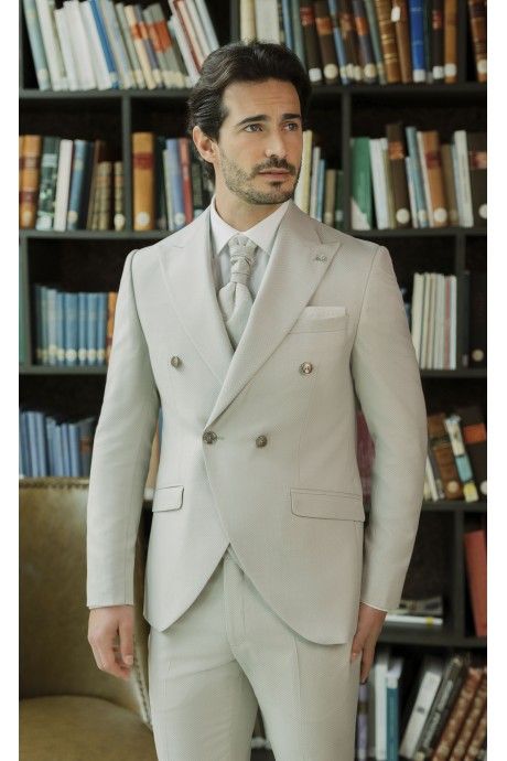 Traje de novio beige de lana con microdibujo ? Tejido Guabello 45.26.670