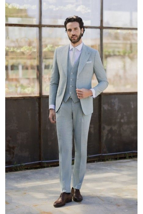 Traje de novio verde claro de lana y algodn con rayas 84.26.890