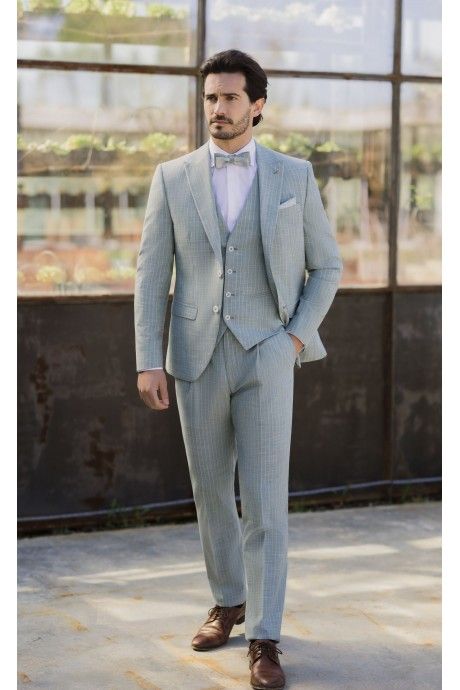 Traje de novio verde claro de lana y algodn con rayas 84.26.890A