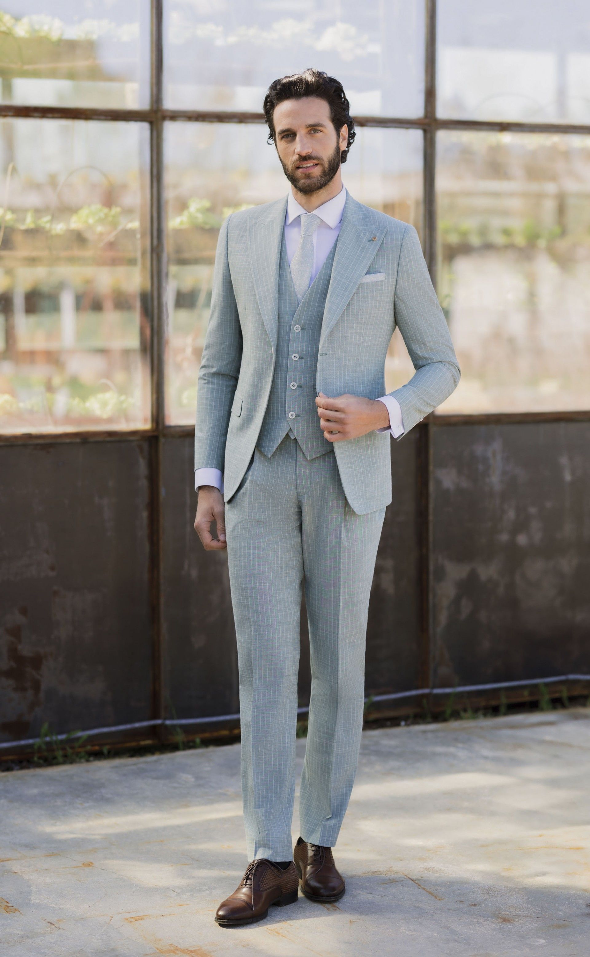 Light Green Wool and Cotton Groom Suit with Stripe 84.26.890B
