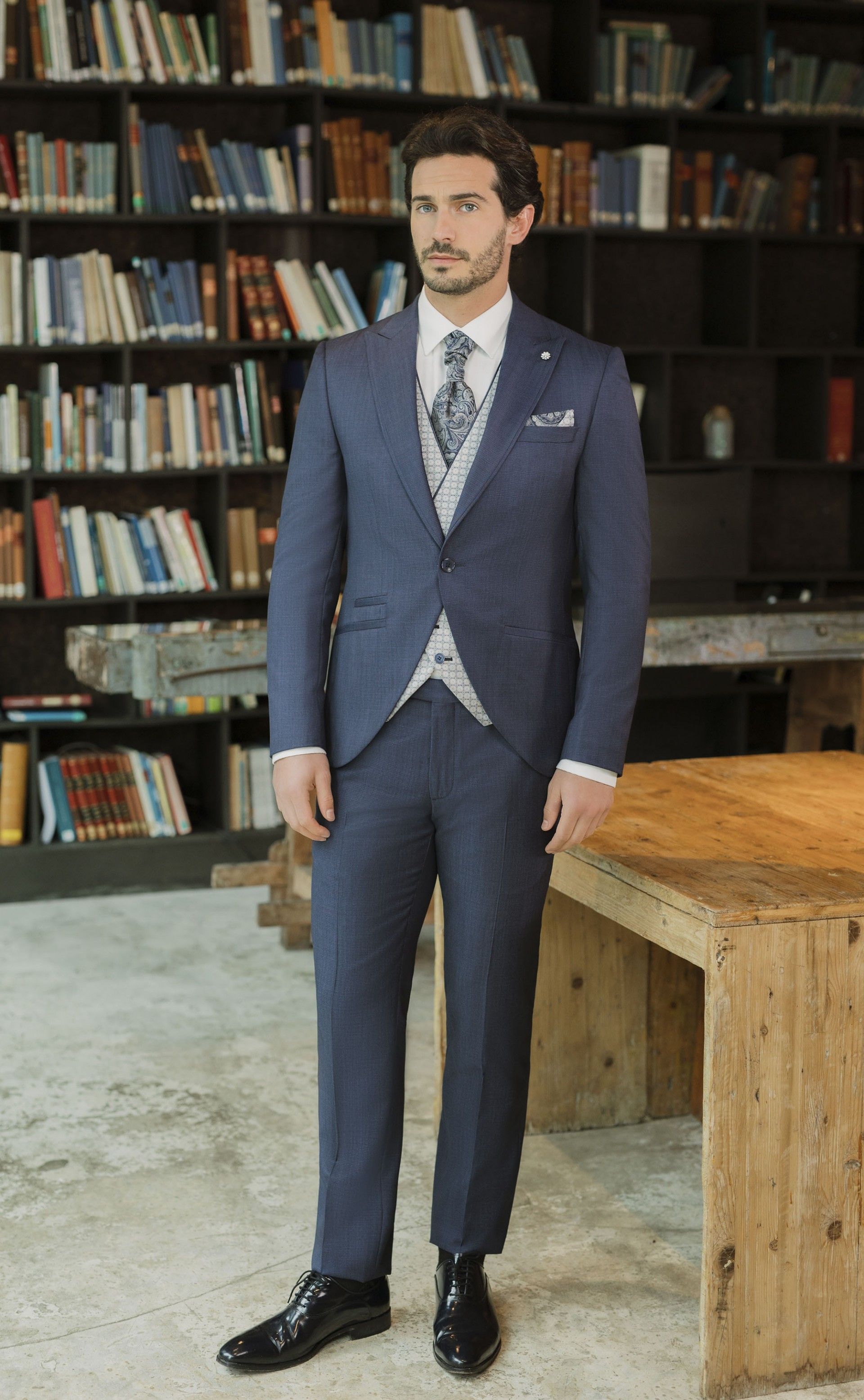 Traje de novio azul grisáceo de lana con microdibujo ? Tejido Zignone 105.26.321