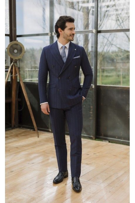 Groom Suit in Wool and Linen Blue Stripe ? Anglico Fabric 02.26.310A