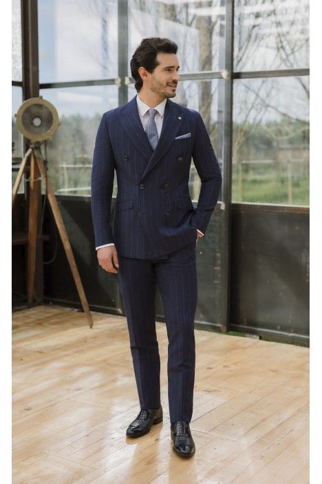 Groom Suit in Wool and Linen Blue Stripe ? Anglico Fabric 02.26.310A