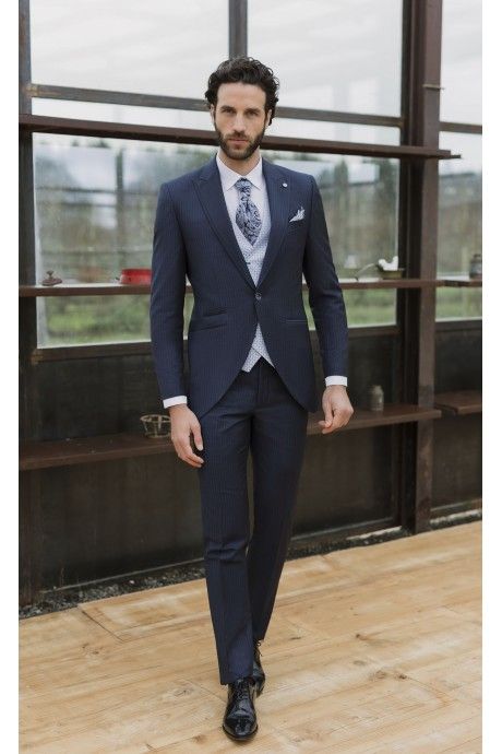 Dark Blue Wool Groom Suit with Stripe ? Guabello Fabric 04.26.310