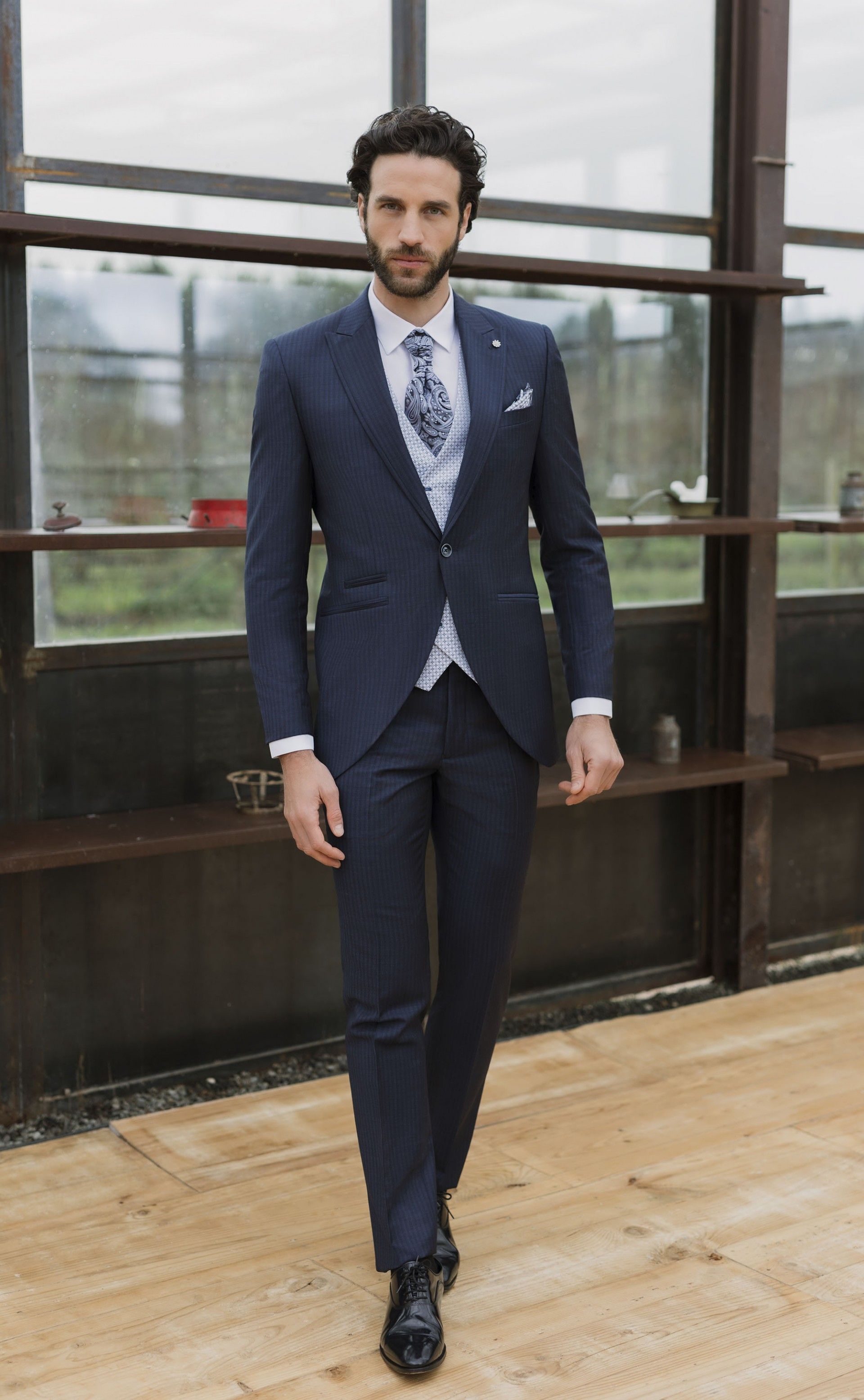 Dark Blue Wool Groom Suit with Stripe ? Guabello Fabric 04.26.310